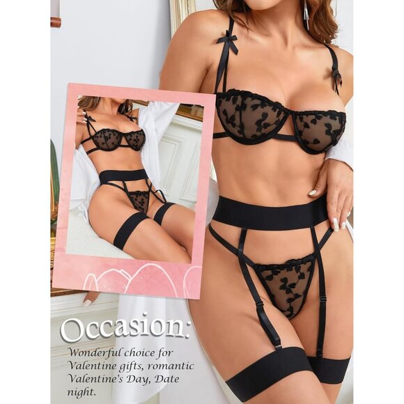 Women's Black Lingerie Set Garter Belt 3 Piece Sheer Underwire Bra And Panty Set - Picture 4 of 6